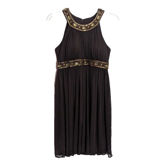 y2k CACHE Brown Bejeweled Beaded Chiffon Halter Dress Size 6 Empire Waist S1 - Picture 1 of 6
